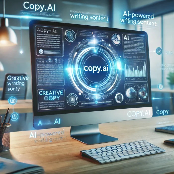 A futuristic digital workspace featuring an AI-powered writing assistant on a sleek computer screen, displaying the Copy.ai interface with creative content generation.