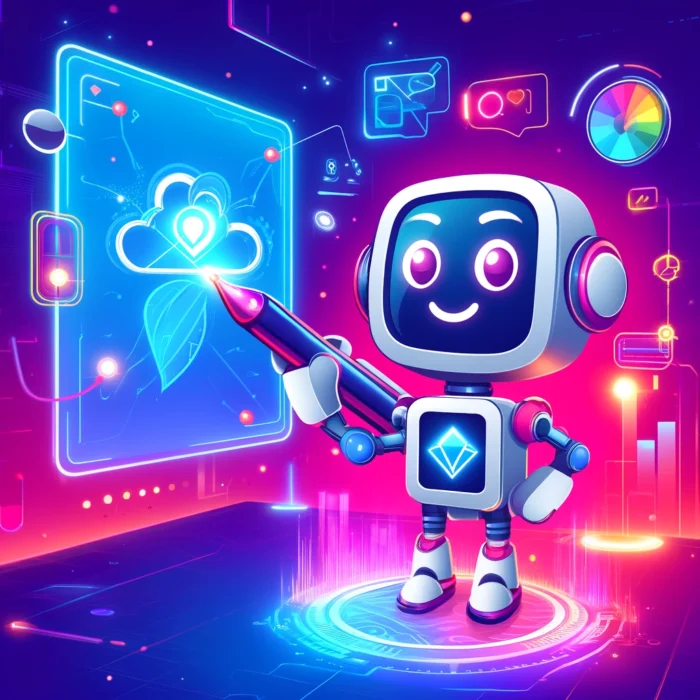 A futuristic cartoon illustration of Jasper AI creating content.
