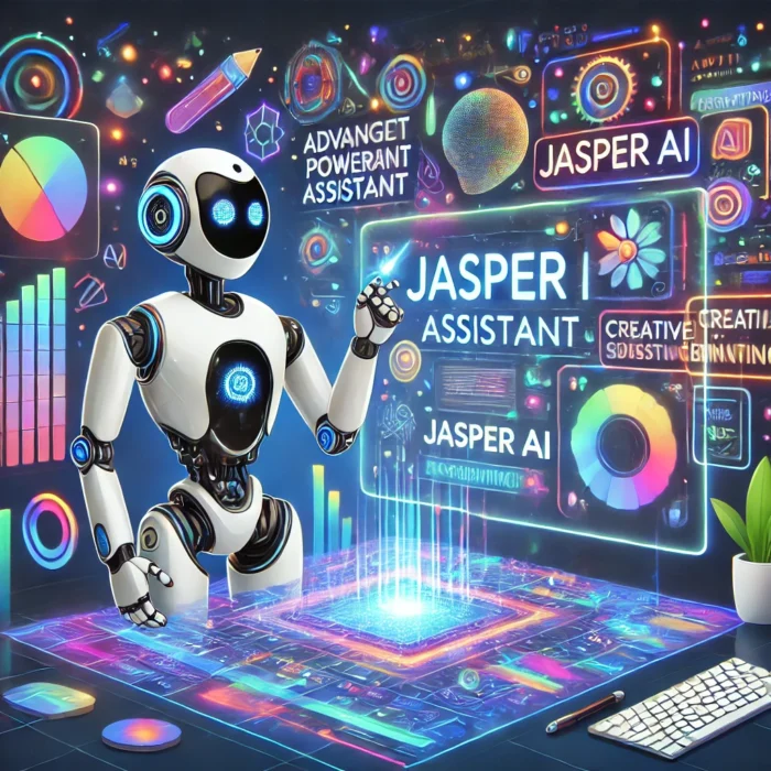 A futuristic cartoon illustration of Jasper AI assisting with content creation.