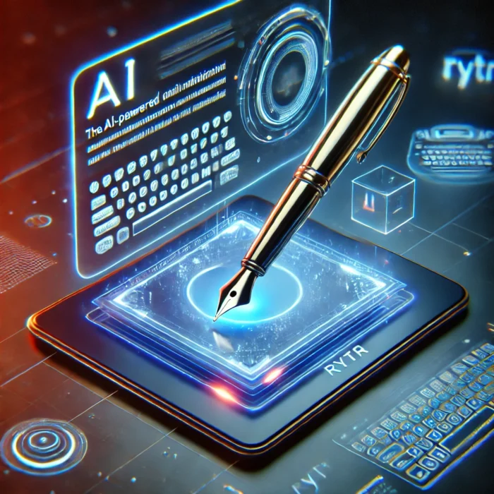 Futuristic Digital Illustration of Rytr AI Writing Assistant