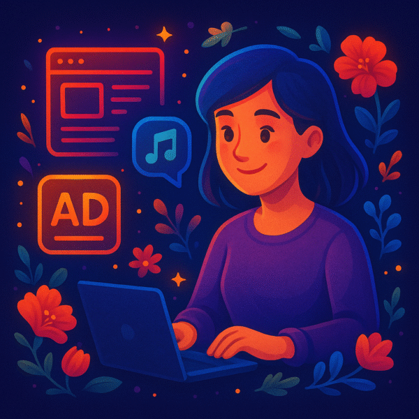 Animated neon-style illustration of a woman creating digital content surrounded by glowing icons and flowers