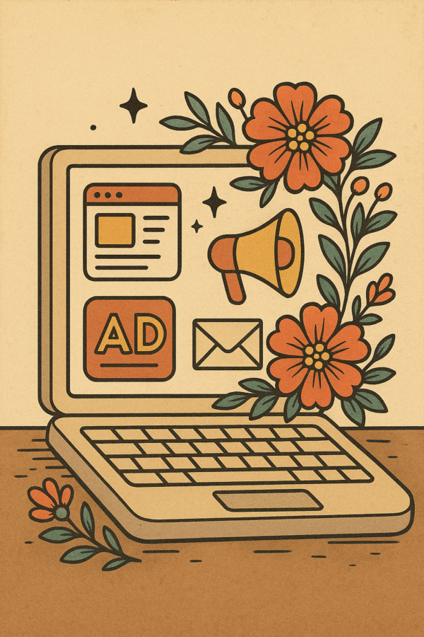 1990s-style cartoon illustration of a vintage laptop with flowers and digital content icons
