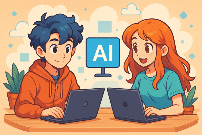 Two anime-style characters working on laptops with an AI symbol between them