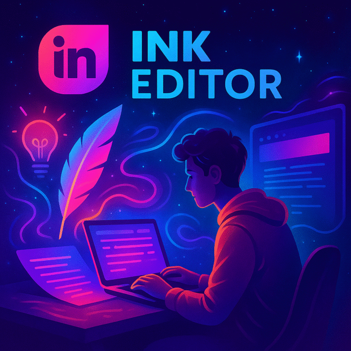 A fantasy-style digital artwork showing a user working with INK Editor in a glowing, neon-red creative environment