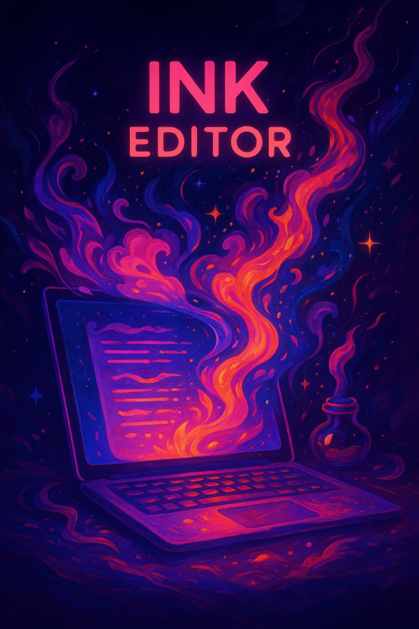 Neon fantasy illustration of INK Editor with glowing icons and colorful swirls