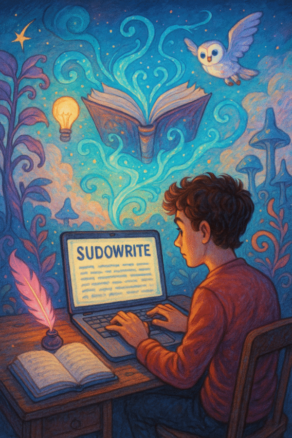 Sudowrite creative writing AI interface in a colorful futuristic design