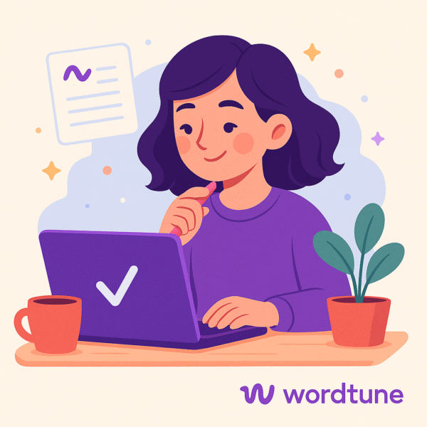 Animated illustration of a woman using Wordtune on a laptop